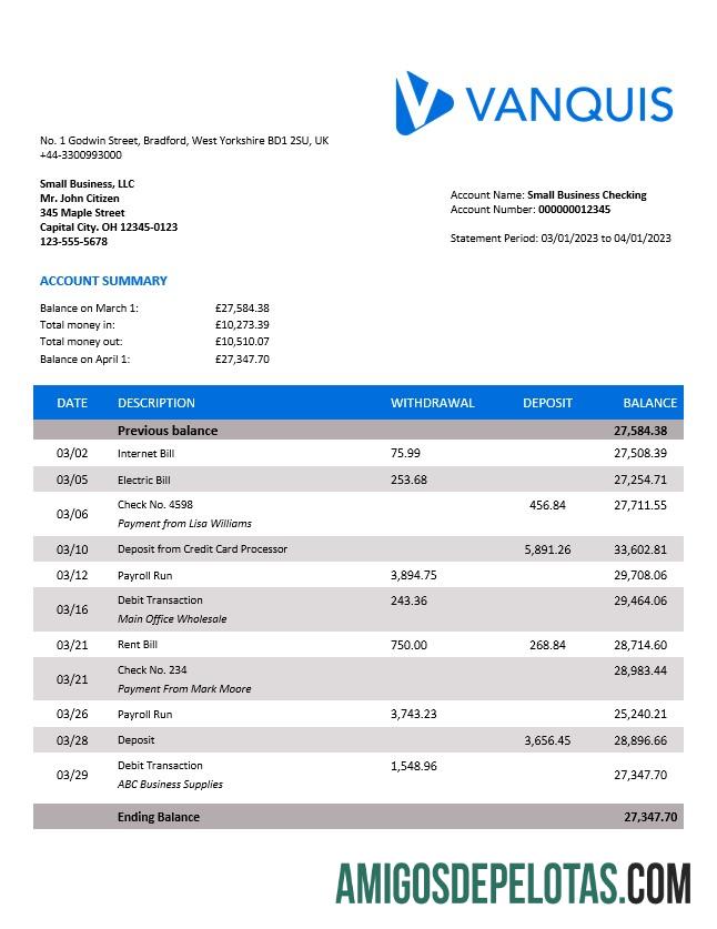 Baixável Vanquis Bank Organization modelo de extrato de conta Word e PDF